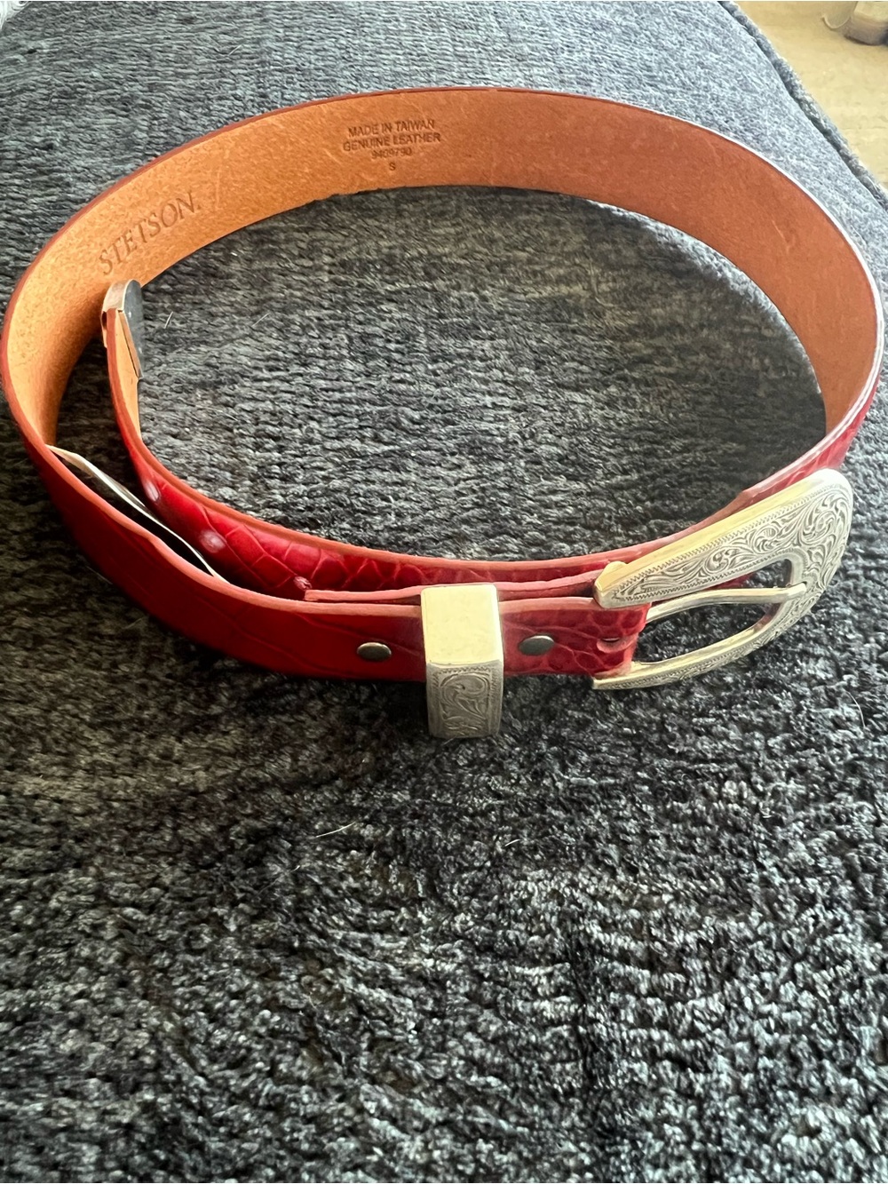 Stetson Red Leather Western Belt with Ornate Silver-Tone Buckle